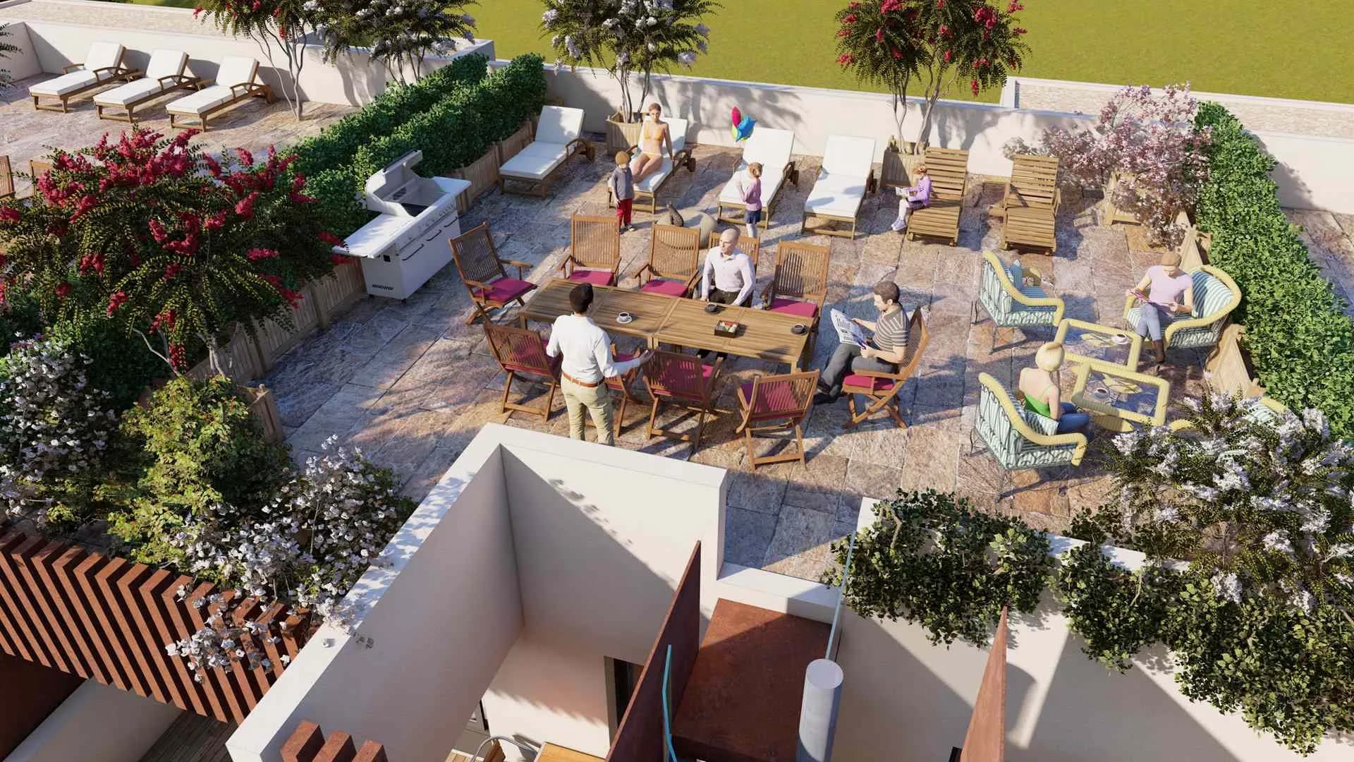 Perspective 3D d'un jardin privatif du rez-de-jardin
